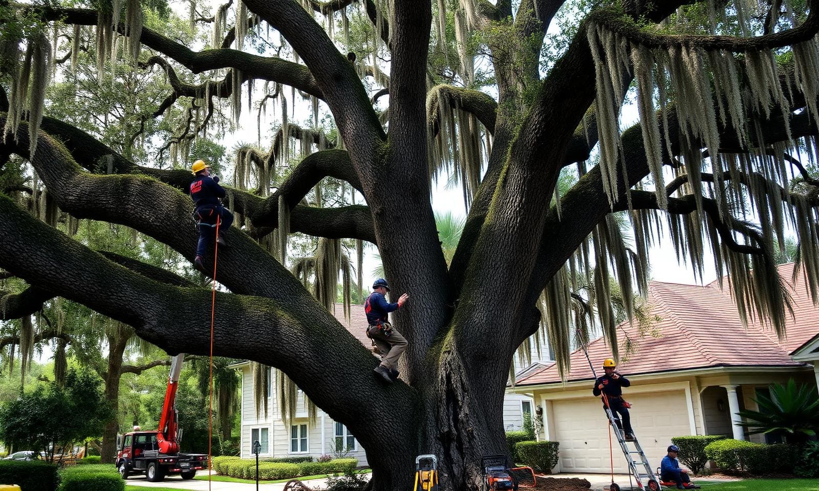 Tree removal crew working on a large oak in Tallahassee